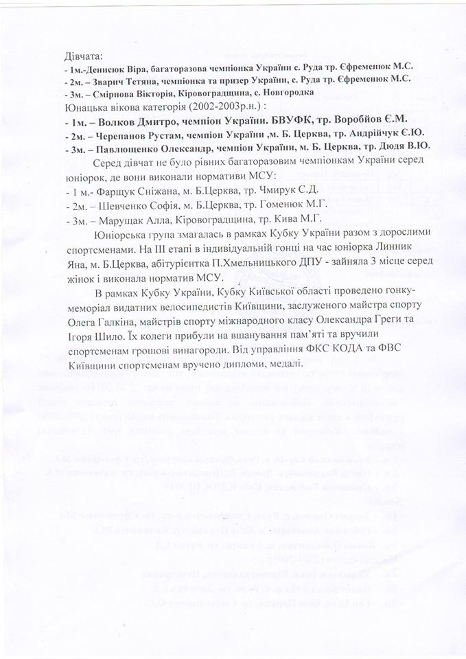 ПРОТОКОЛИ Кубку Київської області з велоспорту. Зображення